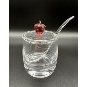 Clear Glass Jam Jelly Jar with Red Glass Strawberry Finial & Spoon 4.5” Vintage
